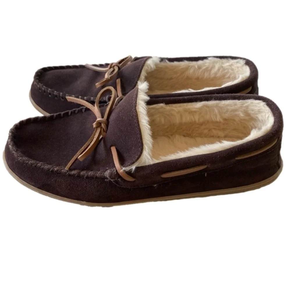 J CREW Suede Moccasin Slippers, Sherpa Fleece, Expresso Brown, Men's Siz…